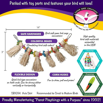 Super Bird Creations SB1094 Hula Skirt Bird Toy - Engaging Natural Bird Play - Ideal for Cockatiels Parakeets Parrots - Durable Enrichment Toy for Birds - Bird Size Small/Medium - 14" x 3" x 1.5"
