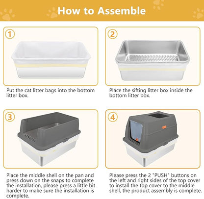 ELEGX Pine Litter Sifting Cat Litter Box, 4-in-1 Cat Metal Litter Box Set,Enclosed Removable Metal Litter Box with Screen Mesh,High Sided Enclosure,Mat & Scoop (Deep Grey)