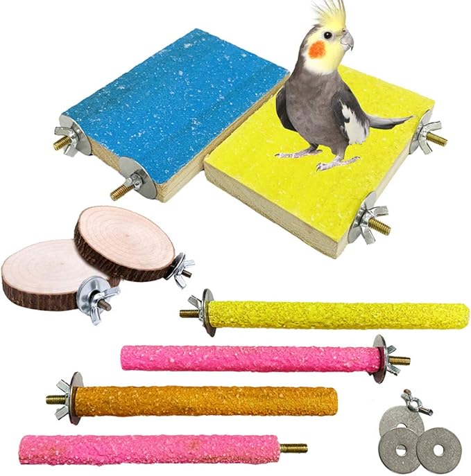 Hamiledyi 8 PCS Bird Perch Stand Toy Wood Parrot Paw Grinding Stick Perch Stand Platform Parakeet Cage Accessories Exercise Toys for Budgies Cockatiel Conure