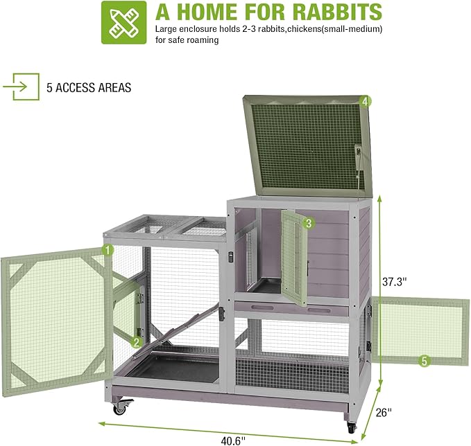 GUTINNEEN Rabbit Hutch Indoor Rabbit Cage with Wheels Outdoor Bunny House 2 Story Guinea Pig Cage with Leakproof Tarp Roof (Grey)