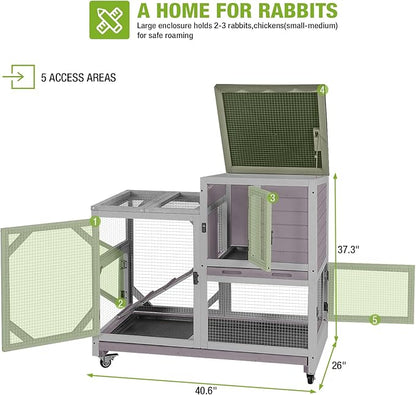 GUTINNEEN Rabbit Hutch Indoor Rabbit Cage with Wheels Outdoor Bunny House 2 Story Guinea Pig Cage with Leakproof Tarp Roof (Grey)