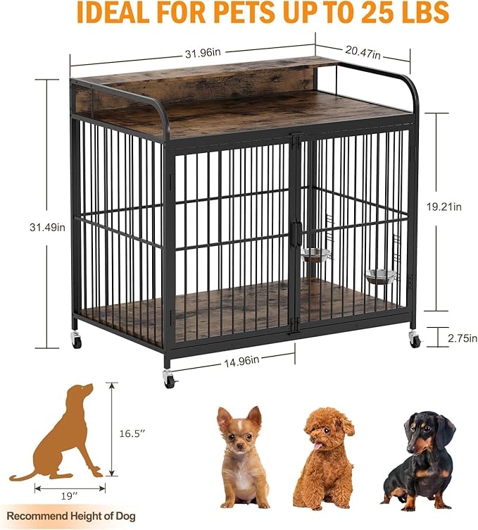 32 Inch Dog Crate Furniture, Dog Crate with Adjustable Height Feeder, Designed for Small Dogs, Featuring 360-Degree Swivel Wheels for Easy Movement, Rustic Brown Finish