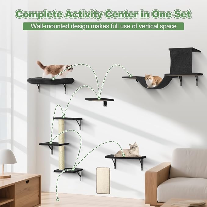 Cat Wall Shelves, Stable Safe 6 in 1 Cat Furniture Set Black, Wooden Climbing Wall with Scratching Post, Wall-Mounted Shelves & Play System