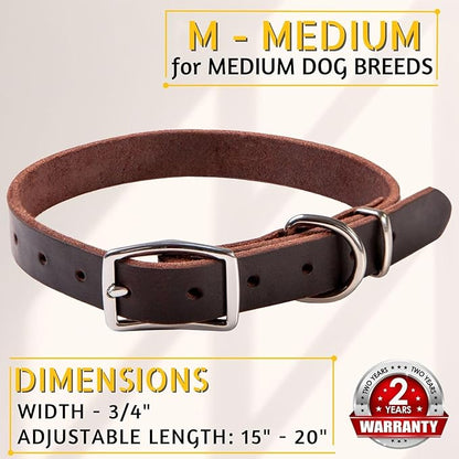 ADITYNA - Leather Dog Collar for Medium Dogs - Classic Style, Soft and Strong, Heavy Duty, Top-Grain Leather, Handmade - for Walking, Training, Hiking, and Running (M - Neck: 15-20 inches, Brown)