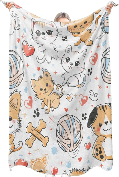 Cute Cat Flannel Blanket, Cartoon Kitten with Yarn Ball Paw Print and Heart Throw Blankets Lightweight Soft Cozy for Chair Bed Sofa Camping Travel, Home Decor, Gifts for Cat Lovers, 50x60in
