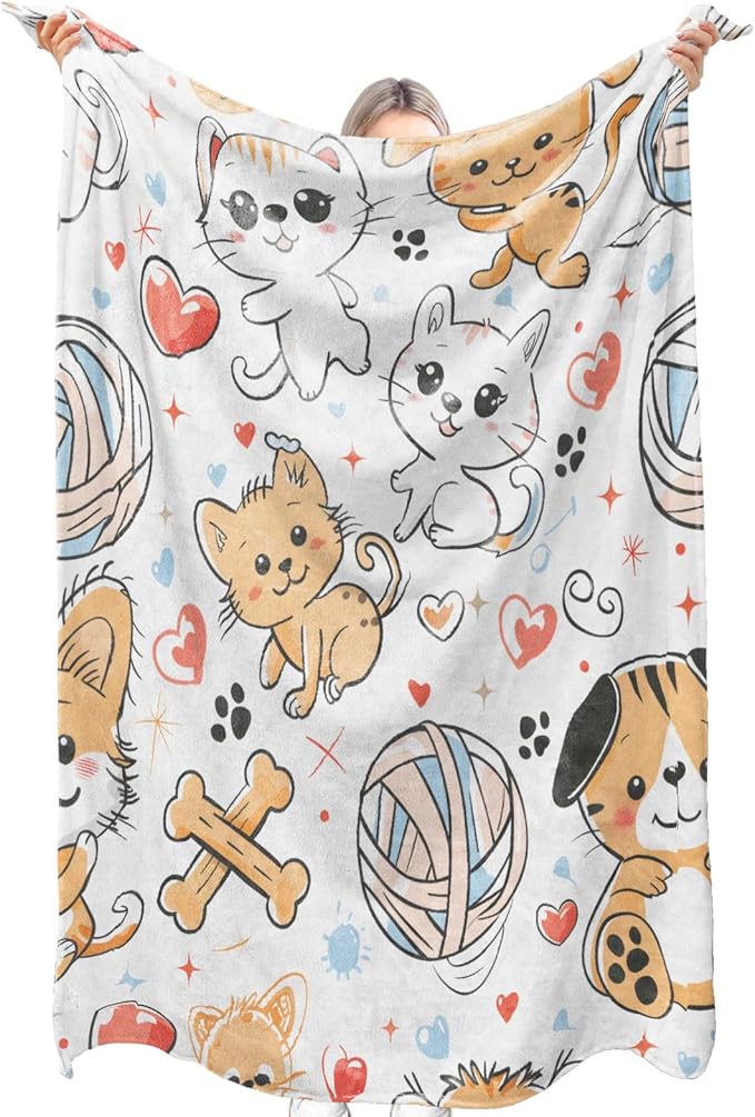 Cute Cat Flannel Blanket Cartoon Yarn Ball Bones Heart Paw Print Throw Blankets Lightweight Soft for Party Chair Bed Sofa Camping Travel,Home Farm Decor,Gifts Kids,50x40in