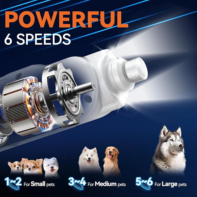 Dog Nail Grinder with 2 LED Lights Powerful 6-Speed Dog Nail Trimmers with 2 Grinding Wheels Super Quiet Rechargeable Pet Dog Nail File for Large Medium Dogs Cats - White