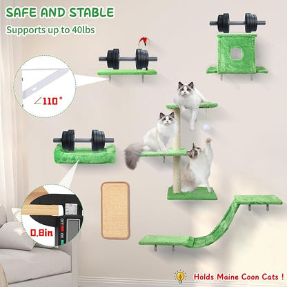 Cat Wall Shelves, 6 in 1 Cat Wall Furniture Set with Condos House, Bed, Bridge, Tree, Steps, Scratching Board, DIY Walls Playground for Indoor (Green)
