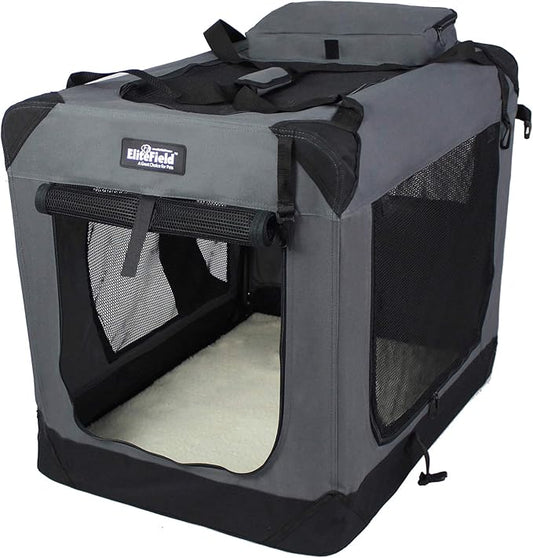 EliteField 3-Door Folding Soft Dog Crate with Carrying Bag and Fleece Bed (2 Year Warranty), Indoor & Outdoor Pet Home (42" L x 28" W x 32" H, Gray)