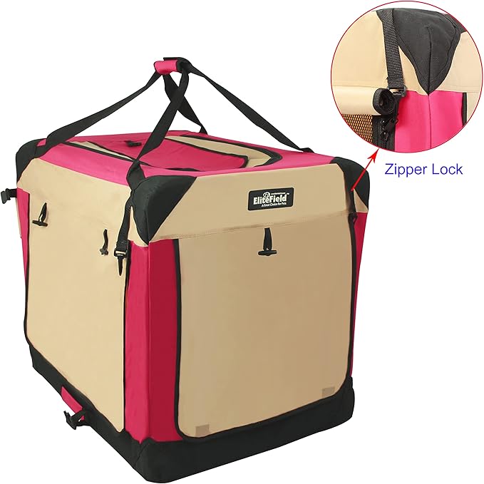 EliteField 4-Door Folding Soft Dog Crate with Curtains, Carrying Bag and Fleece Bed (2 Year Warranty), Indoor & Outdoor Pet Home (42" L x 28" W x 32" H, Red+Beige)
