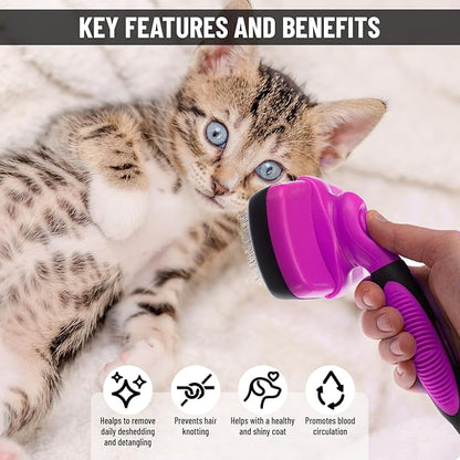 Self Cleaning Slicker Brush for Cat and Dog Coat - Detangler Dog Brush for Shedding & Grooming - Super Easy to Clean Deshedding Grooming Tool Removes Loose Pet Hair, Mats and Tangles (Pink)
