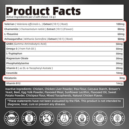 Melatonin for Dogs, Calming Chews with Valerian Root & L-Theanine for Sleep Aid & Emotional Support, Calming Treats for Stress Anxiety Relief, Thunder, Fireworks, Barking, Chicken Flavor, 90Ct