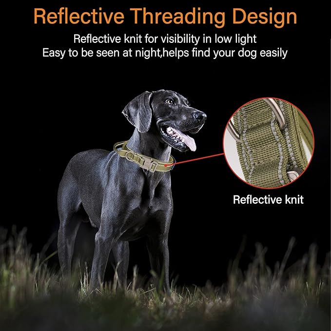 KCUCOP Tactical Dog Collar, Heavy Duty Dog Collar with Handle and Metal Buckle, Military Thick Dog Collars for Medium and Large Dogs(Green-Reflective Set-L, 1 Patch)