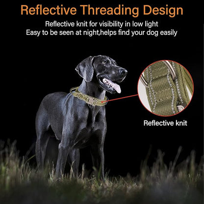 KCUCOP Tactical Dog Collar, Heavy Duty Dog Collar with Handle and Metal Buckle, Military Thick Dog Collars for Medium and Large Dogs(Green-Reflective Set-M, 1 Patch)