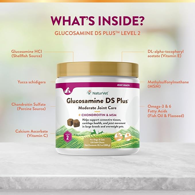 NaturVet  Glucosamine DS Plus - Level 2 Moderate Care  Supports Healthy Hip & Joint Function  Enhanced with Glucosamine, MSM & Chondroitin  for Dogs & Cats120 Soft Chews