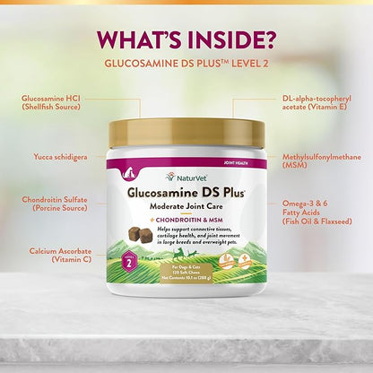 NaturVet  Glucosamine DS Plus - Level 2 Moderate Care  Supports Healthy Hip & Joint Function  Enhanced with Glucosamine, MSM & Chondroitin  for Dogs & Cats120 Soft Chews