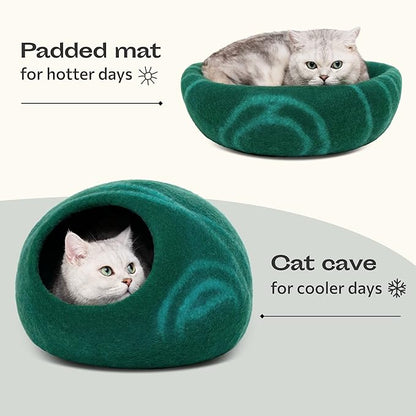 MEOWFIA Cat Cave  Premium Felt Cat Bed for Indoor Cats, Handmade 100% Merino Wool (Large, Emerald)