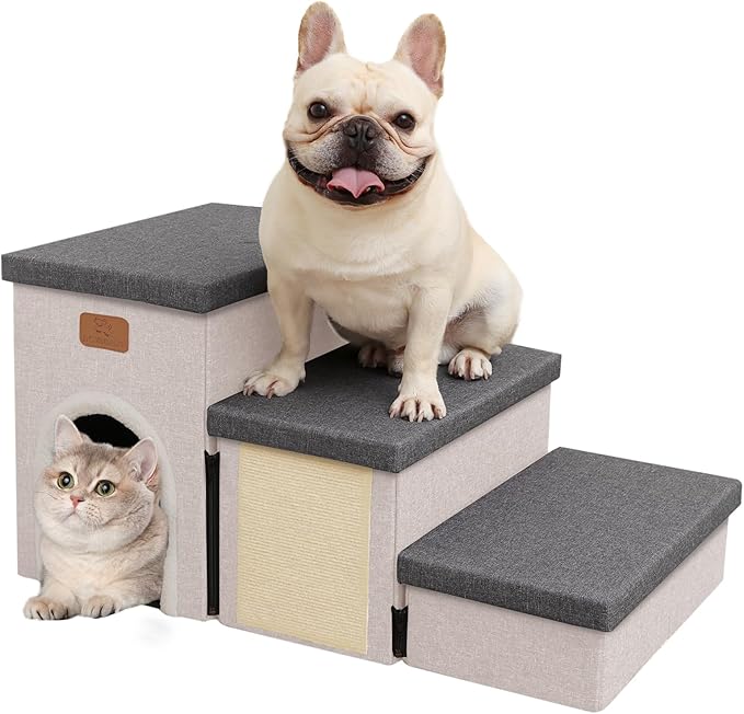downluxe Dog Stairs for Small Dogs, Foldable Dog Steps for Bed, Sofa and Chair, Non-Slip Pet Steps with Cat Scratcher and Condo (3-Step Pet Stairs, Grey-Beige)