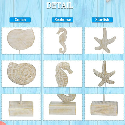 3pcs Wood Handmade Beach Nautical Style Figurines Starfish/Conch/Seahorse Statue Home Decor