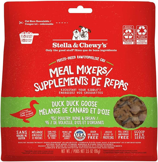 Stella & Chewy's Freeze Dried Raw Duck Duck Goose Meal Mixer  Dog Food Topper for Small & Large Breeds  Grain Free, Protein Rich Recipe  3.5 oz Bag