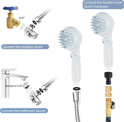 Dog Shower Head with Brush  3-in-1 Pet Grooming Tool with Shampoo Dispenser & Stainless Steel Hose  Indoor/Outdoor Use  Compatible with ¼ Faucet & ¾ Hose Adapter