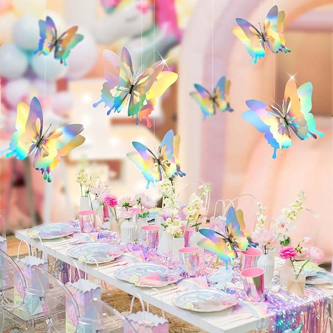 8 Pcs Iridescent Hanging Butterfly Decorations, Butterfly Birthday Decorations, Shiny Foil Look Thick 3D Paper Butterflies for Birthday, Baby Shower, Wedding, Centerpiece or Hanging Decor
