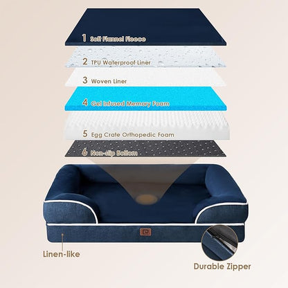 EHEYCIGA Orthopedic Dog Beds for Large Dogs, Waterproof Memory Foam Large Dog Bed with Sides, Non-Slip Bottom and Egg-Crate Foam Large Dog Couch Bed with Washable Removable Cover, Navy