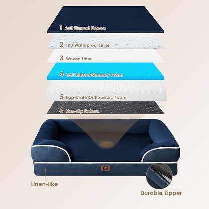 EHEYCIGA Orthopedic Dog Beds for Extra Large Dogs, Waterproof Memory Foam XL Dog Bed with Sides, Non-Slip Bottom and Egg-Crate Foam Big Dog Couch Bed with Washable Removable Cover, Navy