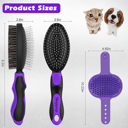 2PCS Dog Grooming Tools - Double-Sided Bath Brush for Shedding and Bathing - Cat Brushes, Suitable for Short/Long Haired Dogs, Premium Pet Supplies (Black Purple)
