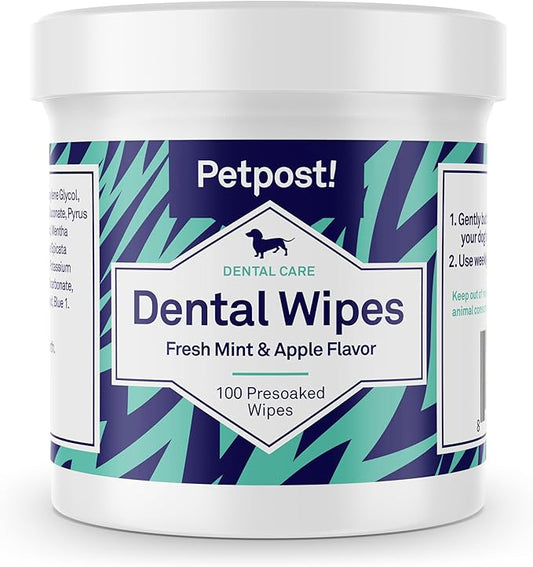 Petpost | Dental Wipes for Dogs - Bad Breath and Tooth Buildup Remover - Presoaked Pads in Natural Tooth Cleaning Solution 100 ct.