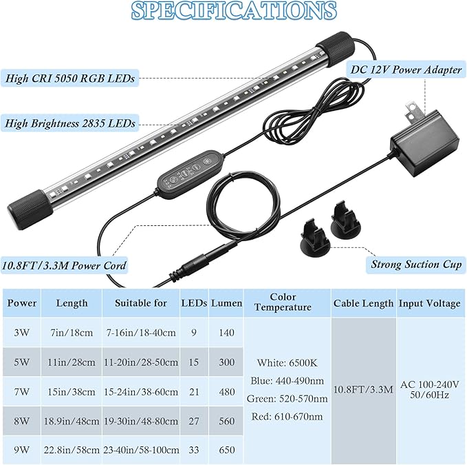 FEDOUR 18.9in Submersible Aquarium LED Light, 24/7 Aquarium Lights with Full Spectrum RGBW LEDs, IP68 Waterproof Fish Tank Light with Dimming, Timming and Color Adjustable