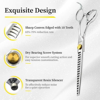 Dog Grooming Scissors, 7.0" 18 Teeth Chunker Shears, Premium Stainless Steel, Safety Rounded Tip & Offset Handles for Precision Trimming Dogs, Cats, Pet at Home