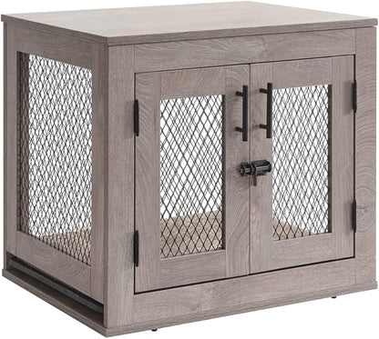 unipaws Dog Crate Furniture, Wooden Dog Kennel for Small Breed, Indoor Decorative Wood Dog Cage, Inside Side End Table Crate with Tray and Dog Bed for Puppy, Cats, Min Pigs, Rabbit, Up to 25 lbs