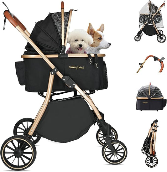 MILA&LOUIS Dog Stroller for Medium Dogs, Pet Stroller for Small Dogs with 4 Large Upgraded Wheel, Dog Strollers with Rain Cover, Cup Holder, Hook, Sturdy Puppy Stroller with Detachable Aluminum Cradle