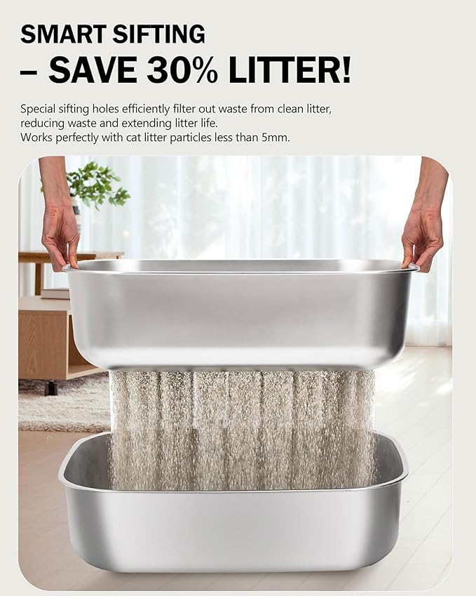 Stainless Steel Sifting Litter Box with Lid, Metal Litter Pan with Scoop for Big Cats Multi Cat, Extra Large Cats Litterbox Odor Control Easy Clean (22.8 * 16.1 * 6.5inch-Without Enclosure, X-Large)