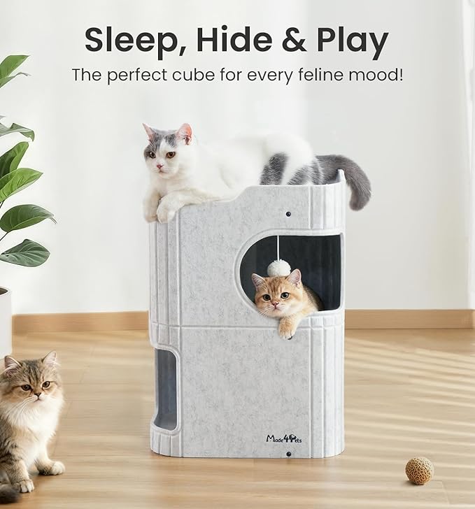 Made4Pets Cat House for Indoor Use, 2-Storey Cube Bed Cave, Covered Hideaway Condo with Scratch-Resistant Felt, Foldable Easy-to-Clean Design for Multi-Cat Homes, Marble White