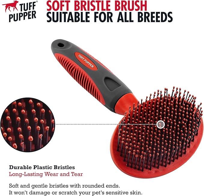 Tuff Pupper Round Bristle Soft Brush for Dogs and Cats | Gentle Grooming for Short or Long Hair | Soft Pin Tool for Sensitive Skin | Detangle & Remove Loose Fur | For Dematting & Detangling Undercoat