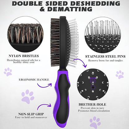 2PCS Dog Grooming Tools - Double-Sided Bath Brush for Shedding and Bathing - Cat Brushes, Suitable for Short/Long Haired Dogs, Premium Pet Supplies (Black Purple)