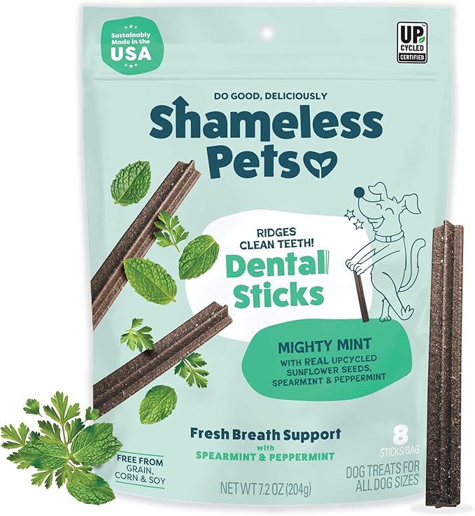 Shameless Pets Dental Chews for Dogs, Mighty Mint Dental Sticks, Healthy Treats for Teeth Cleaning & Fresh Breath - Free from Grain, Corn, & Soy for Small Dogs, 7.2 Ounce Bag
