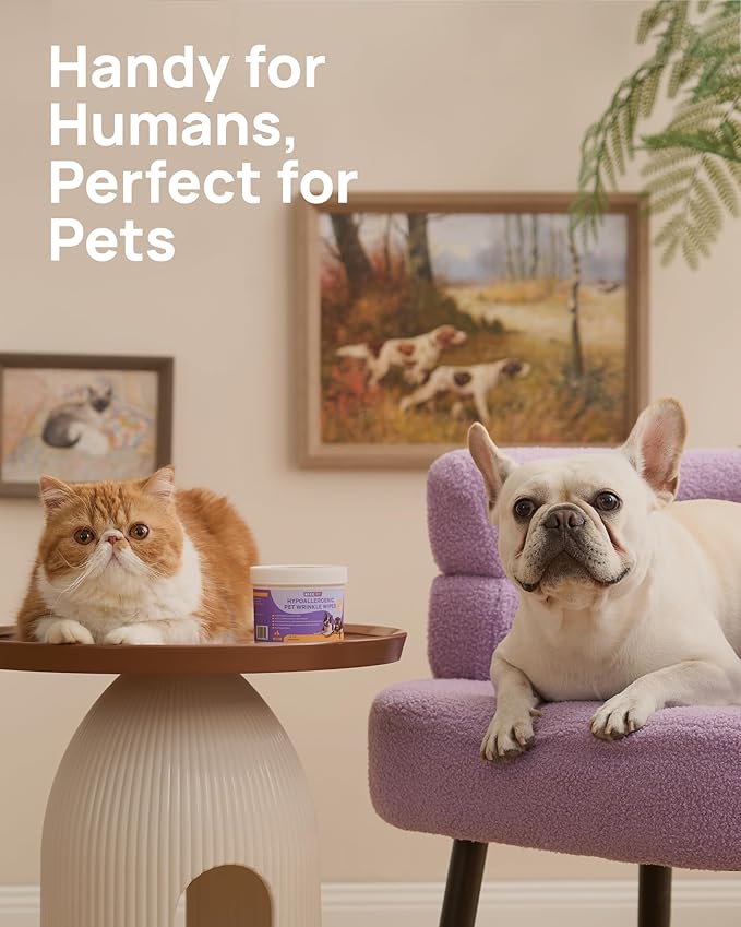 HICC PET Wrinkle Wipes for Dogs- 100 Count Hypoallergenic Wrinkle Wipes French Bulldog, Cleans Deodorizing, Anti-Itch Tear Stain Remover, Vet-Recommended Dog Face Wipes Great for Pug, English Bulldog