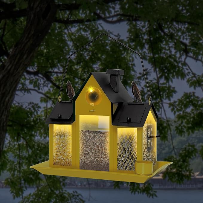 Solar Bird Feeders House for Outdoors Hanging, 7LBS Large Capacity Metal Wild Bird Feeder Squirrel Proof for Outside with Water Cup, Cardinal Birdfeeder Birdhouses Gift for Bird Lovers (Yellow)