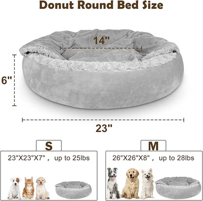 JOEJOY Small Dog Bed Cat Bed with Hooded Blanket, Cozy Cuddler Luxury Puppy Pet Bed, Donut Round Calming Anti-Anxiety Dog Burrow Cave Bed - Anti-Slip Bottom and Machine Washable 23 inch