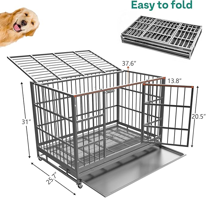 38 Inch Heavy Duty Indestructible Dog Kennel with Wheels, High Anxiety Kennel, Sturdy Locks Design, Double Door and Removable Tray, Extra Large XL XXL Dog Crate