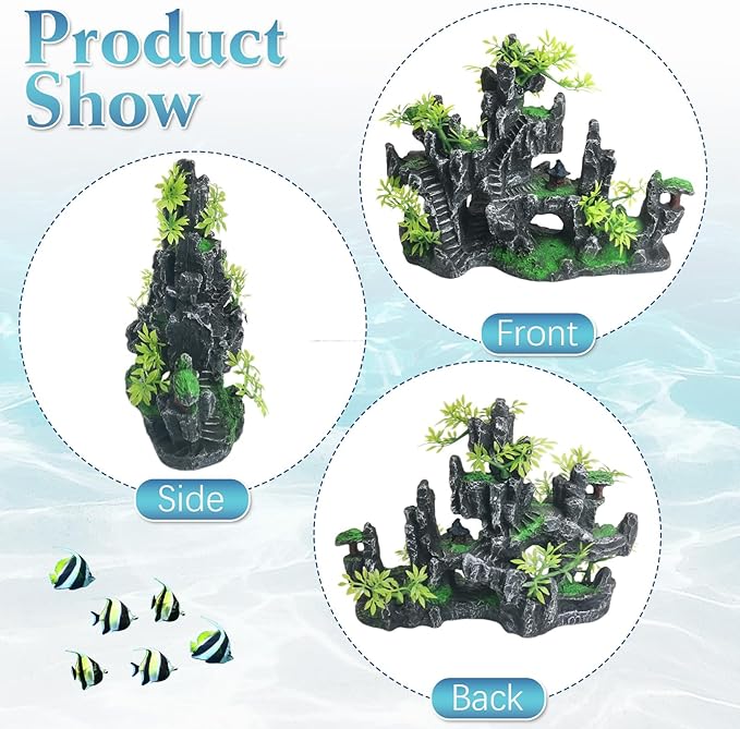kathson Aquarium Mountain View Stone Resin Fish Tank Decorations Betta Hideout Caves Rockery Landscape Tree Aquarium Decorations Large Rock Hiding Cave Decor for Small Fish Shrimp Play Ornament