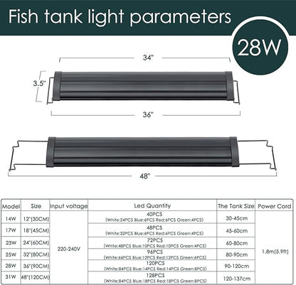 AQQA Aquarium Light,Full Spectrum LED Fish Tank Lights,12"-54" Adjustable Multi-Color White Blue Red Green LEDs with Extendable Brackets,14W-31W for Freshwater Plants (28W (36"-48"))