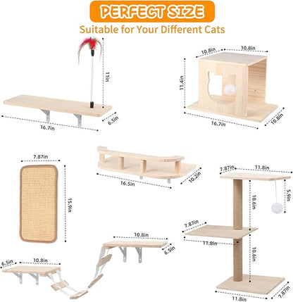 Cat Wall Shelves, Solid Wooden Wall-Mounted Cat Furniture, Set of 6 Cat Climbing Shelves with House, Bed, Bridge, Tree, Steps and Scratcher