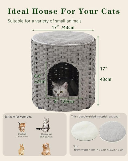 Cat House for Indoor Cat, Large Double Cat Houses Cat Bed Cave, Handwoven Rattan Pet Beds with One Soft Pad, 17 x 17 x 17 Inches Foldable Kitten Hideaway in Living Room Gray