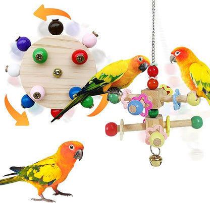 Bird Spinner Toys for Parrots with Bells,Natural Wood Parakeet Toys for Cage,Bird Cage Accessories Chewing Hanging for Small and Medium Birds,Cockatiel,Conure,Lovebird,Budgie,Quaker（2pcs）