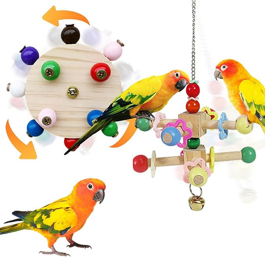 Bird Spinner Toys for Parrots with Bells,Natural Wood Parakeet Toys for Cage,Bird Cage Accessories Chewing Hanging for Small and Medium Birds,Cockatiel,Conure,Lovebird,Budgie,Quaker（2pcs）
