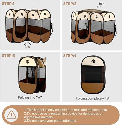 Pet Dog Puppy Playpen Dog Cat Tent Crates, Foldable Exercise Kennel Portable Playpen for Small Medium Dogs/Cats/Rabbits, Indoor Outdoor Travel Camping Use with Removable Zipper Top Brown